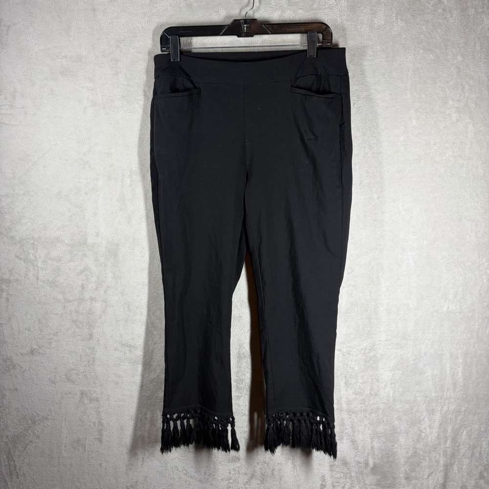 Black Fringe Capri Pants Size 8 Minimalist 90s Parisian Y2K Vintage Elegance